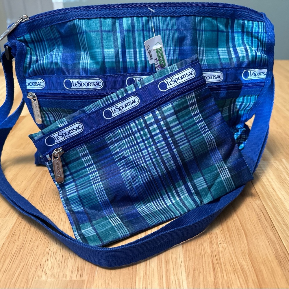 LeSportsac Vintage Crossbody Bag w/Pouch Blue Plaid New